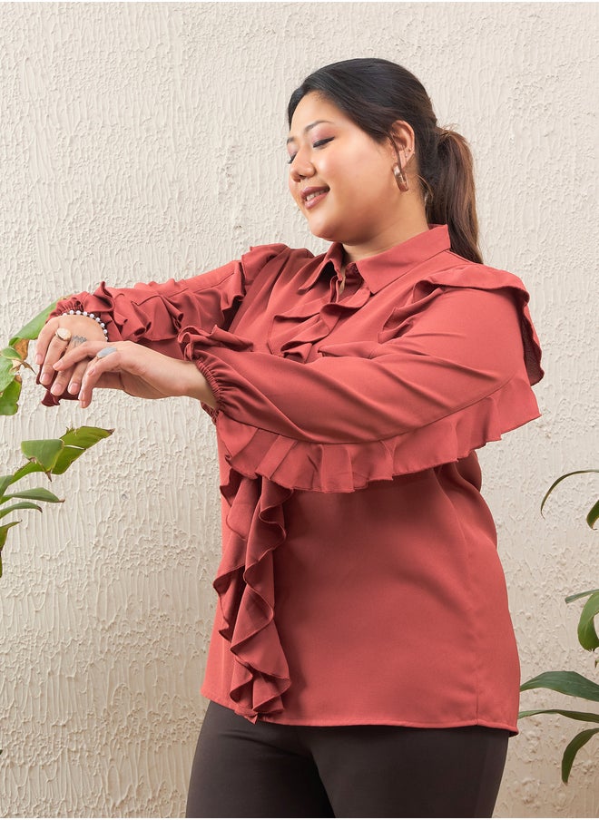 SASSAFRAS Plus Size Rust Solid Ruffled Long Sleeve Regular Fit Shirt  - Image 3