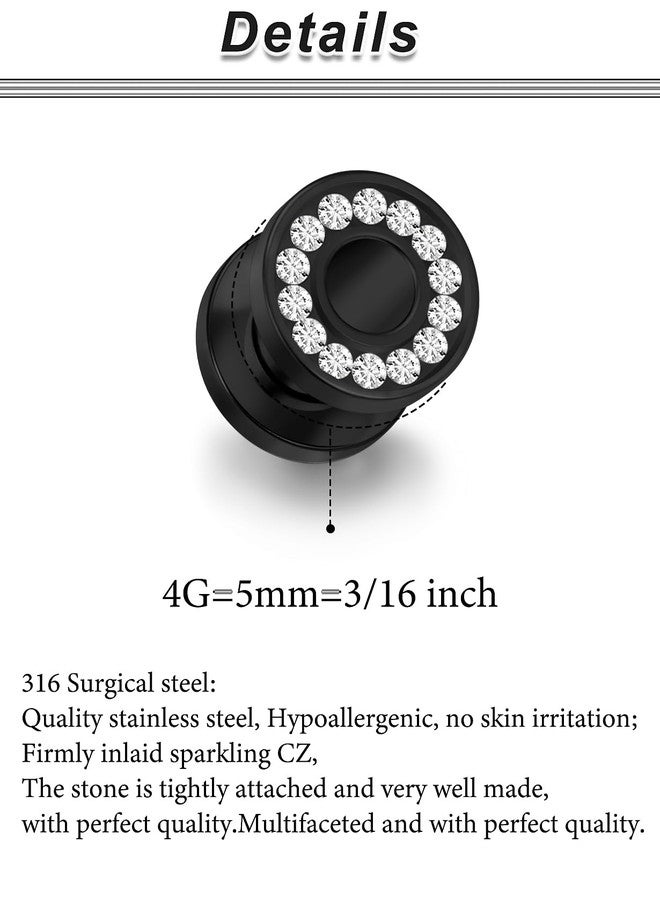 Ocptiy 4G Black Gauges Tunnels Plugs Earrings for Ears Stretching Kit 4 Gauge 316L Surgical Stainless Steel Diamond Single Flare Tunnels Plugs Hollow Gauges Size 5mm Piercing Women Men 3/16 inch - Image 2