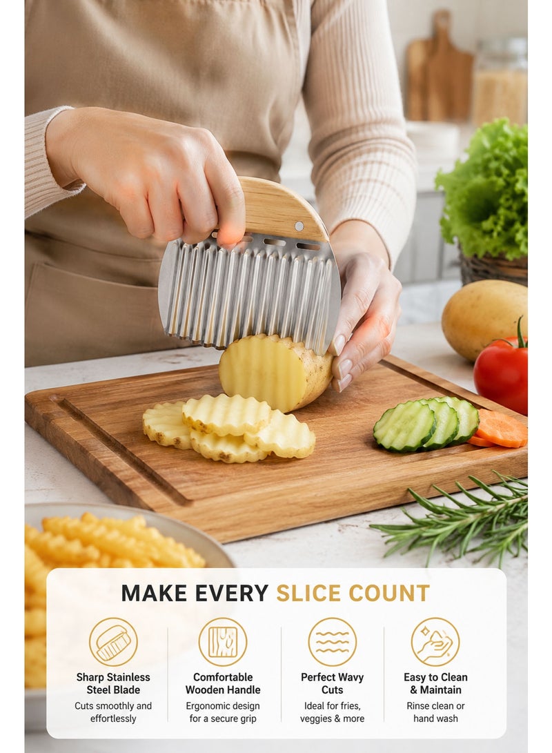 Stainless Steel Crinkle Cutting Knife, Wavy Vegetable & Fruit Slicer with Wooden Handle, Potato Cutter for Waffle Fries & Garnish - Image 4