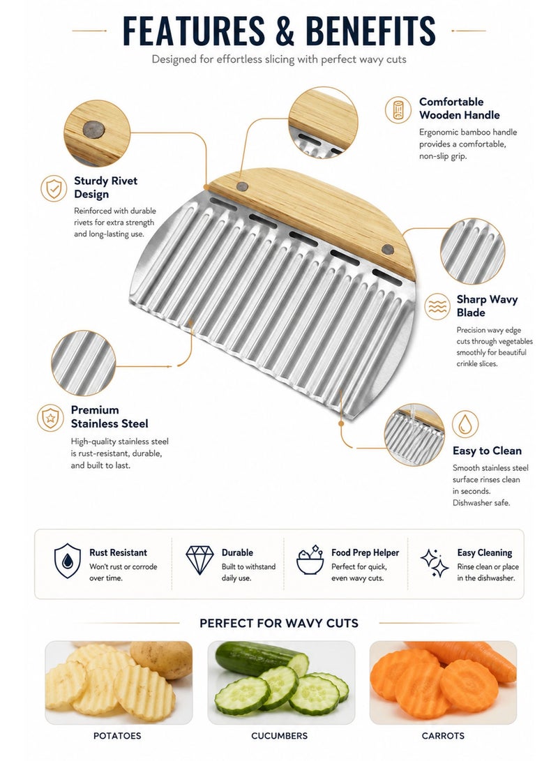 Stainless Steel Crinkle Cutting Knife, Wavy Vegetable & Fruit Slicer with Wooden Handle, Potato Cutter for Waffle Fries & Garnish - Image 2