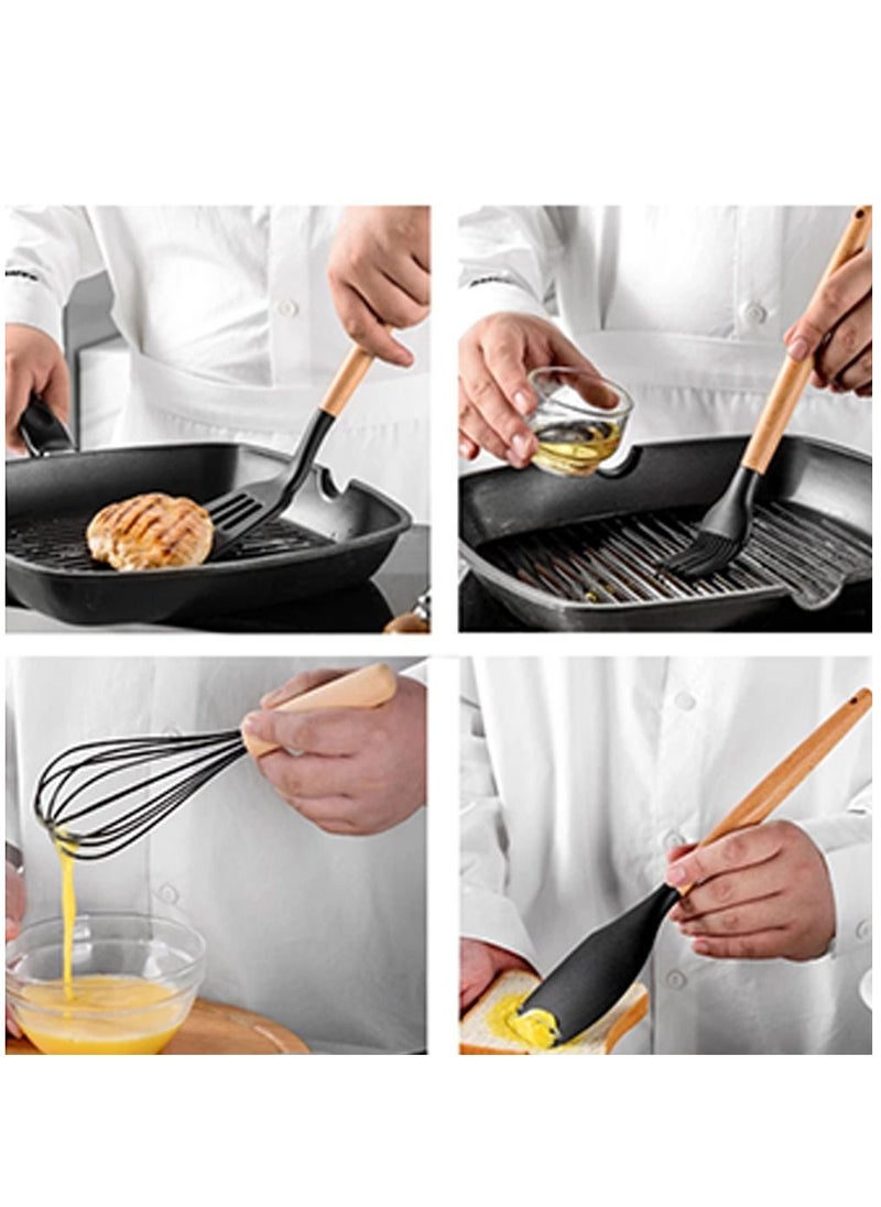 Arabest - Cooking Utensils Set of 12, Silicone Kitchen Utensils with Wooden Handle, Non-stick Cookware Friendly & Heat Resistant, Includes Spatula/Ladle/Slotted Turner/Serving Spoon/Spaghetti Server - Image 1