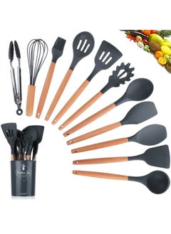 Arabest Cooking Utensils Set of 12, Silicone Kitchen Utensils with Wooden Handle, Non-stick Cookware Friendly & Heat Resistant, Includes Spatula/Ladle/Slotted Turner/Serving Spoon/Spaghetti Server  - Image 1