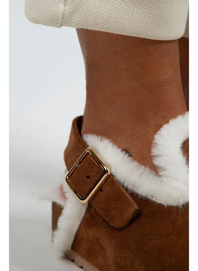 Manijero  Holly Fur Women's Genuine Leather Belted Buckle Fur-Trimmed Suede Sandal. for Women | Best Price UAE