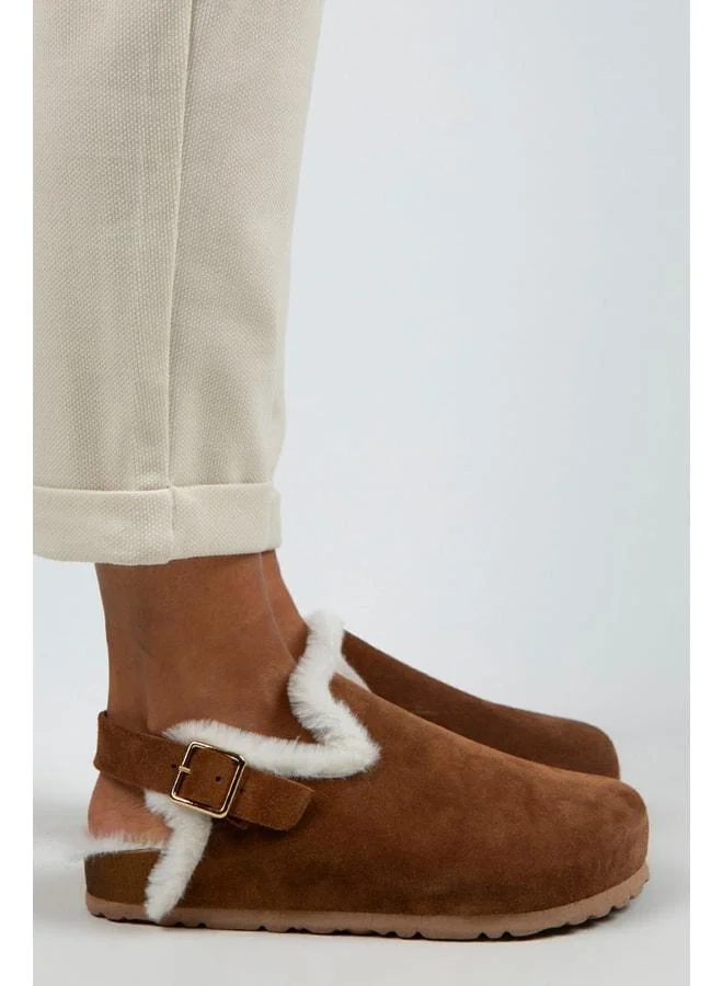 Holly Fur Women's Genuine Leather Belted Buckle Fur-Trimmed Suede Sandal.