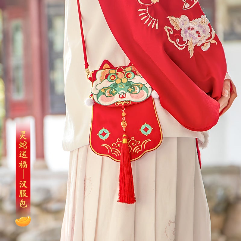 [Danzhou] New Year'S Hanfu Accessories Bag Antique Crossbody Embroidery Year Of The Snake Red Envelope Vertical Version Flip Square Bag