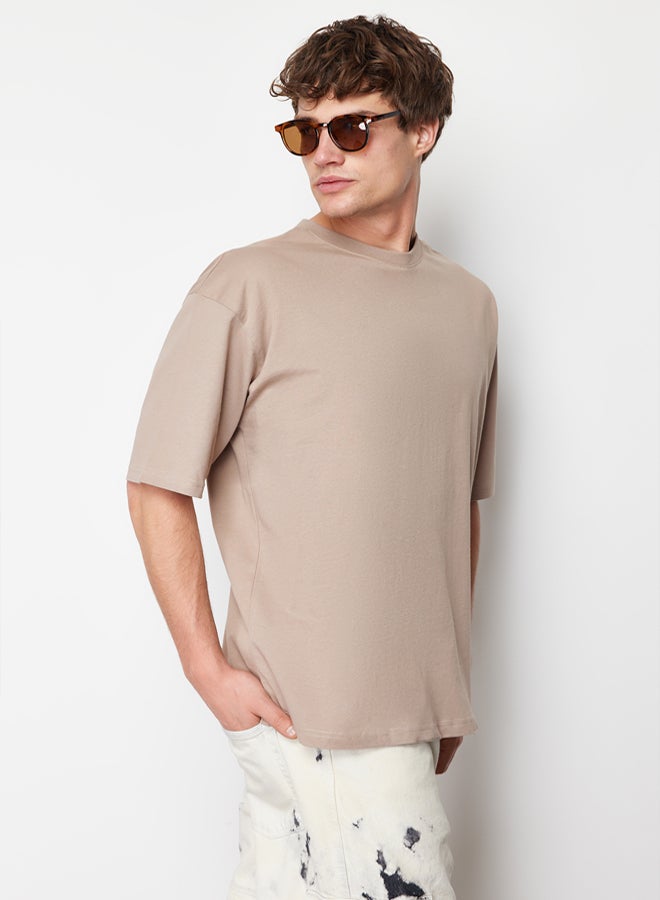 trendyol Mink Oversize/Wide Basic Cut 100% Cotton T-Shirt - Image 4