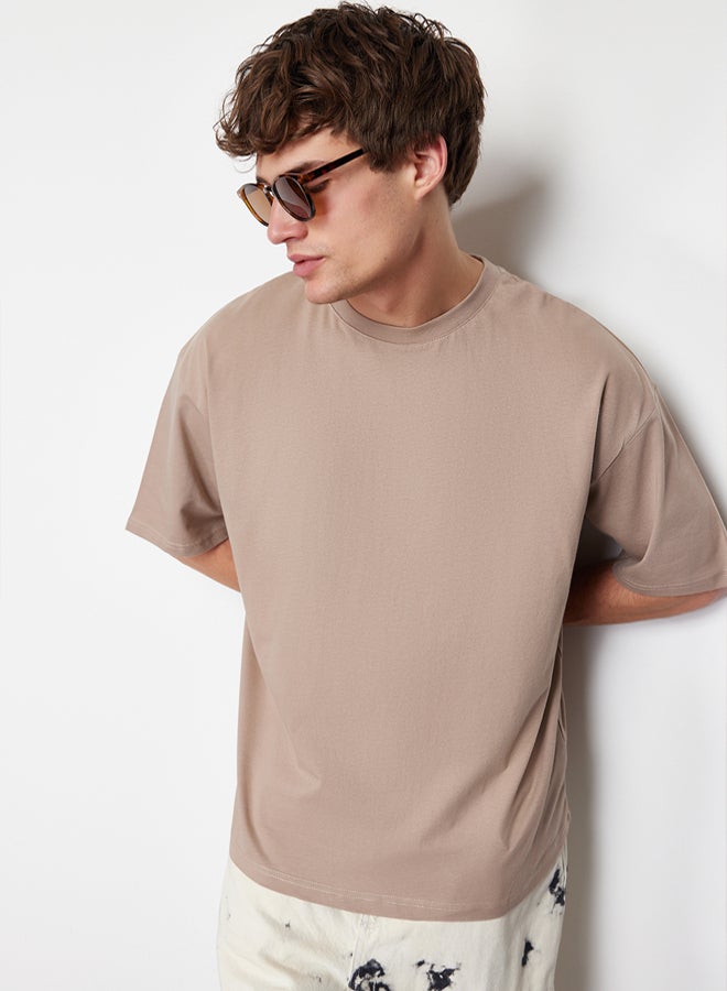trendyol Mink Oversize/Wide Basic Cut 100% Cotton T-Shirt - Image 1