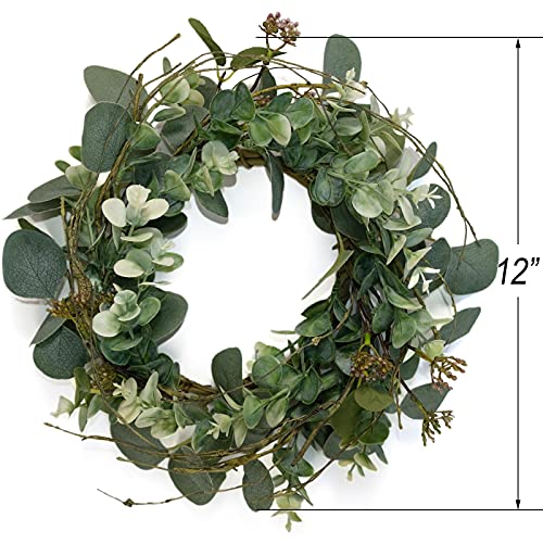 idyllic 12” Artificial Green Leaves Wreath Eucalyptus Round Wreath for Home Decoration Rustic Farmhouse Decor for Festival Celebration Front Door (2 Pack) - Image 2
