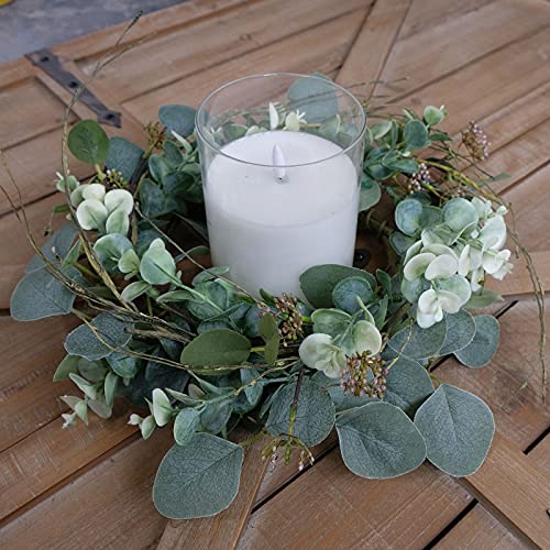 idyllic 12” Artificial Green Leaves Wreath Eucalyptus Round Wreath for Home Decoration Rustic Farmhouse Decor for Festival Celebration Front Door (2 Pack) - Image 5