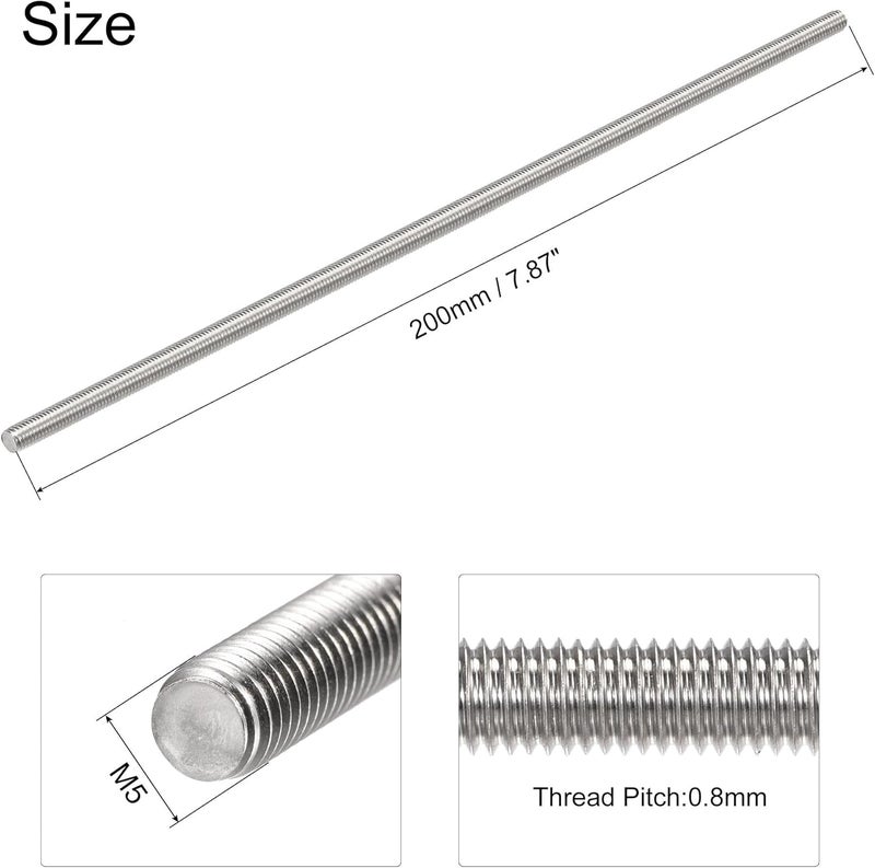uxcell 4Pcs M5 x 200mm Fully Threaded Rod 304 Stainless Steel Right Hand Threads - Image 3