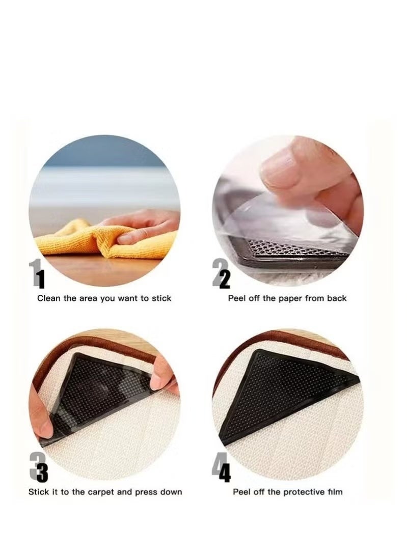 ملصقات السجاد (4 قطع)، حامل سجاد مضاد للانزلاق، ملصقات سجاد قابلة لإعادة الاستخدام وقابلة للغسل للسجاد في المنطقة، لاصق مزدوج الجوانب يمنع الزوايا من الانزلاق (أسود) - Image 3