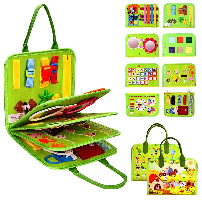 JHkim Busy Board Montessori Toys for Toddlers 13 Birthday Gifts for 1 2 3 4 Year Old Boy Girl Autism Sensory Travel Toy Educational Activity Busy Book Board Learning Fine Motor Skills Toys Green - Image 3