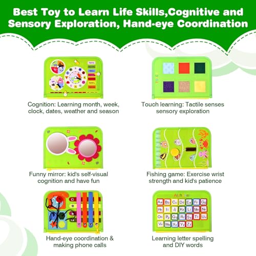 JHkim Busy Board Montessori Toys for Toddlers 13 Birthday Gifts for 1 2 3 4 Year Old Boy Girl Autism Sensory Travel Toy Educational Activity Busy Book Board Learning Fine Motor Skills Toys Green - Image 5