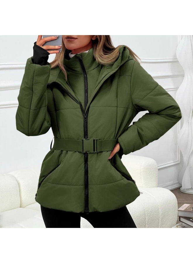 Fisoew Womens Ski Jacket Warm Hooded Insulated Waterproof Quilted Puffy Mountain Snow Winter Coat with Belt, Army Green, XL - Image 4