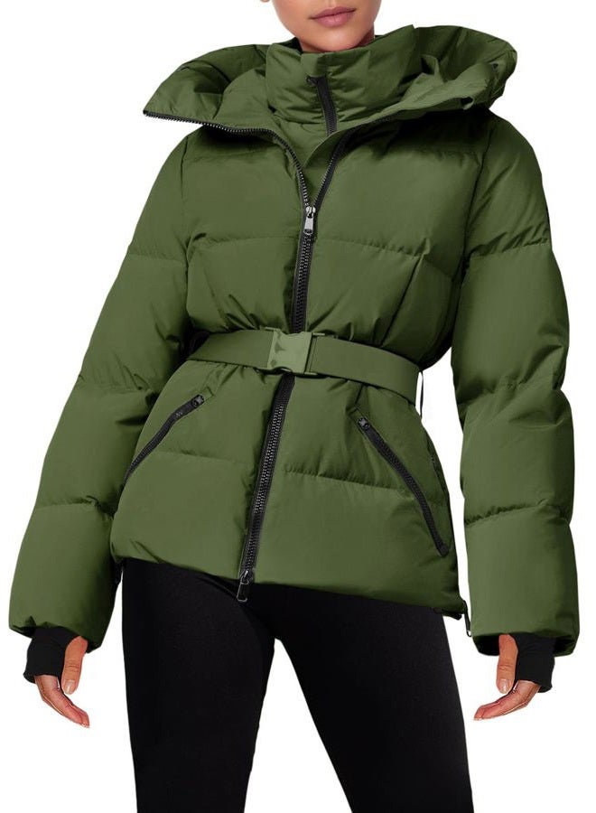Fisoew Womens Ski Jacket Warm Hooded Insulated Waterproof Quilted Puffy Mountain Snow Winter Coat with Belt, Army Green, XL - Image 1