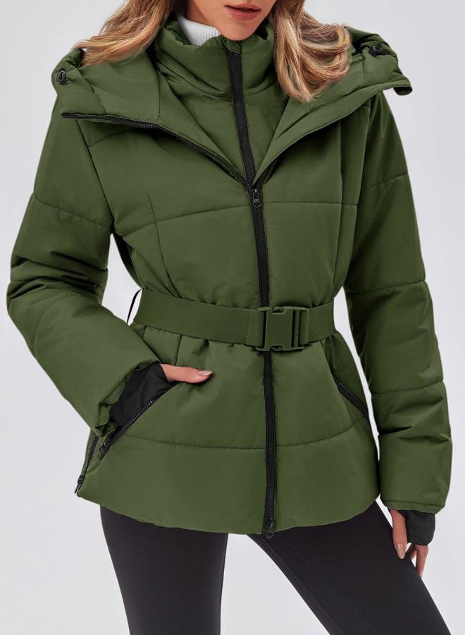 Fisoew Womens Ski Jacket Warm Hooded Insulated Waterproof Quilted Puffy Mountain Snow Winter Coat with Belt, Army Green, XL - Image 3