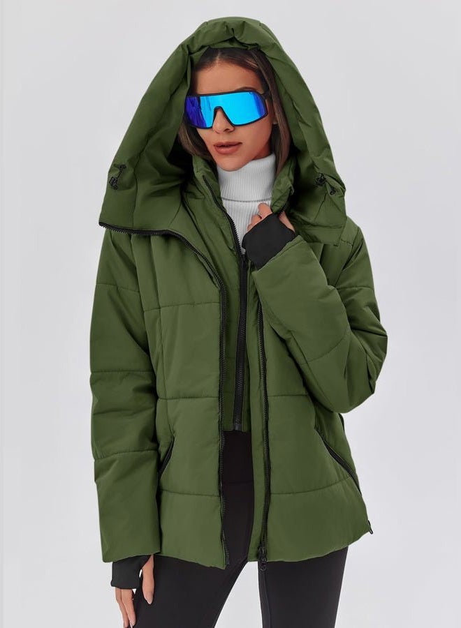 Fisoew Womens Ski Jacket Warm Hooded Insulated Waterproof Quilted Puffy Mountain Snow Winter Coat with Belt, Army Green, XL - Image 2