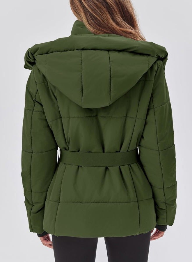 Fisoew Womens Ski Jacket Warm Hooded Insulated Waterproof Quilted Puffy Mountain Snow Winter Coat with Belt, Army Green, XL - Image 5