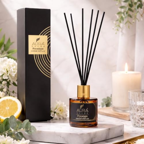 AURA DECOR AuraDecor Luxe Reed Diffuser Set 50 ml Reed Oil & 6 Reed Sticks, Premium Room Freshener for Living Room, Washroom, Bedroom, Office Long-Lasting & Luxurious Aroma (Medium, Oudh) - Image 1
