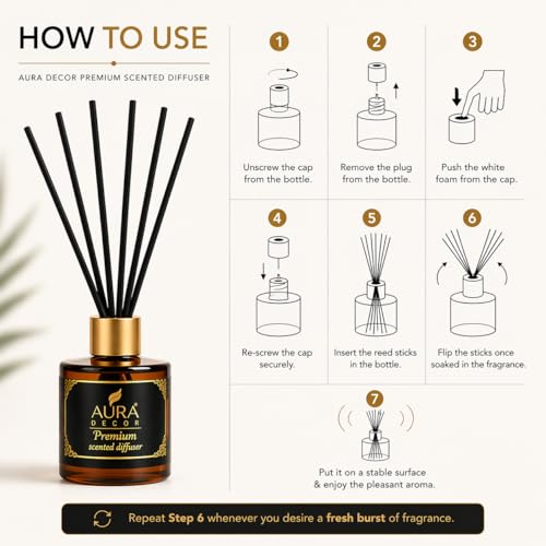 AURA DECOR AuraDecor Luxe Reed Diffuser Set 50 ml Reed Oil & 6 Reed Sticks, Premium Room Freshener for Living Room, Washroom, Bedroom, Office Long-Lasting & Luxurious Aroma (Medium, Oudh) - Image 3
