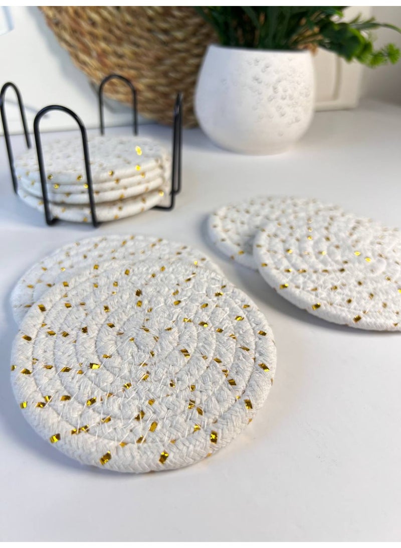Handmade Woven Linen Coaster Set, 8 Pieces with Metal Holder - Image 4