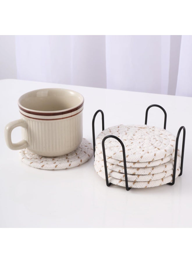 Handmade Woven Linen Coaster Set, 8 Pieces with Metal Holder - Image 2