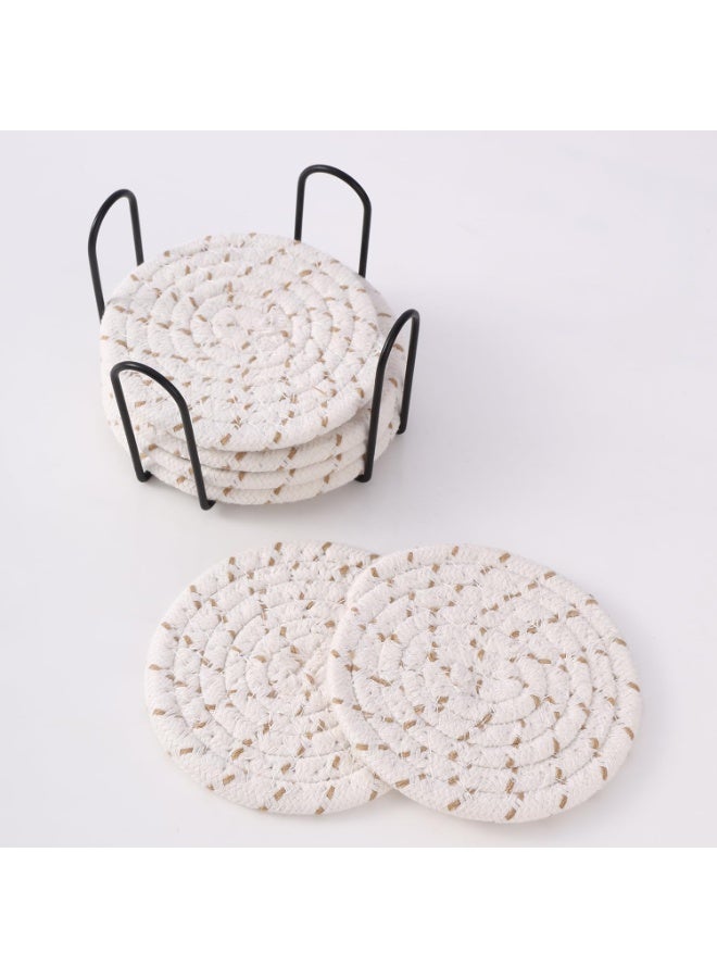 Handmade Woven Linen Coaster Set, 8 Pieces with Metal Holder - Image 1