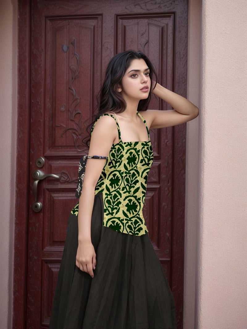Aahwan Green Printed Square Neck Sleeveless Backless Short Indo-Western Ethnic Kurti Top for Women's & Girl's (356-Green-XS) - Image 3