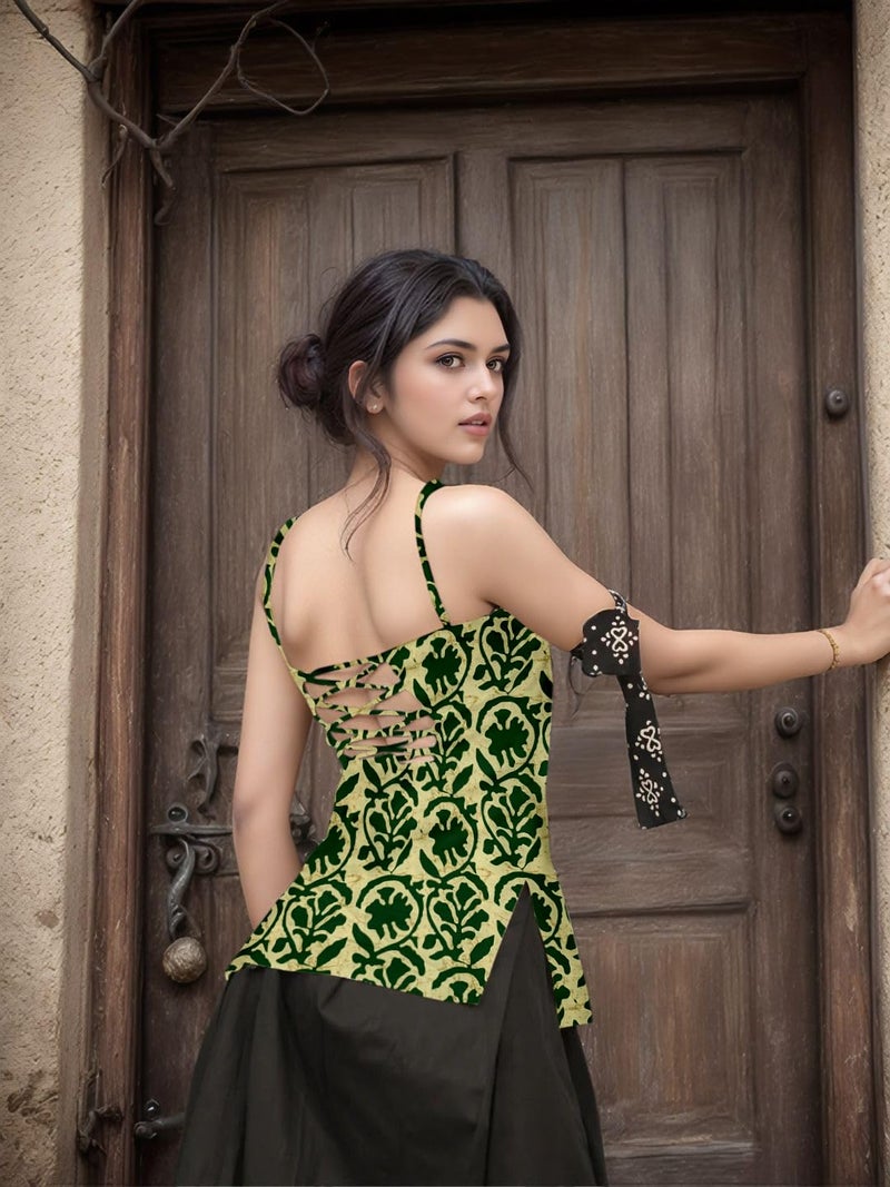 Aahwan Green Printed Square Neck Sleeveless Backless Short Indo-Western Ethnic Kurti Top for Women's & Girl's (356-Green-XS) - Image 2