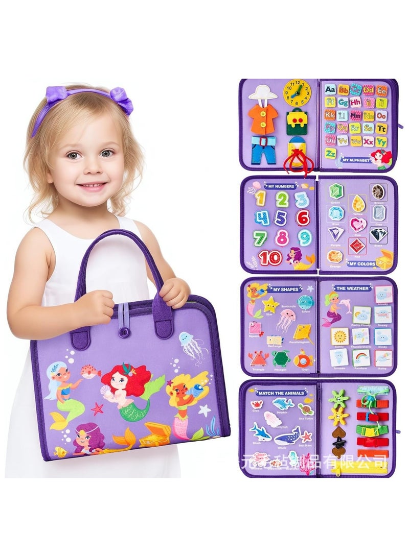 EZGOZ Busy Board Montessori, Toddler Early Educational Sensory Toy for Preschool Enhances Fine Motor Skills Basic Dressing Practice and Technical AbilitiesBusy Board for toddlers, Basic Dress Skills, Travel Toy for Kids (Purple Mermaid) 