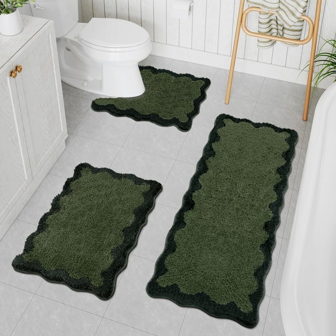 SCALLOPED BATHROOM RUG SET 3 PIECE GREEN NONSLIP CUTE ABSORBENT LONG RUGS WITH USHAPED CONTOUR TOILET RUG FUN MACHINE WASHABLE SHAGGY MATS FOR TUB SHOWER