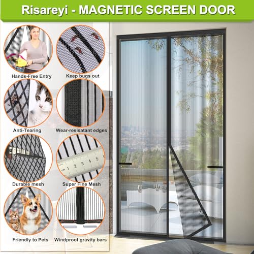 Risareyi Magnetic Screen Door Heavy Duty Front Door Screen Magnetic Closure Thicken TearResistant Mesh Keep Bugs Out Black Net Curtain Itself Size 42 x 80 - Image 3