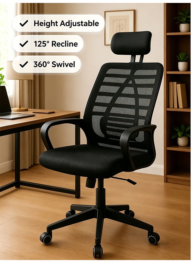Office Chair, 360 Swivel Ergonomic Desk Chair, Comfort Computer Chair with Headrest, Adjustable Height Gaming Chair with Wheels, Lumbar Support Mesh Chair Swivel Computer, Home Office Chair, Study Chair (BGY-001) - Image 1