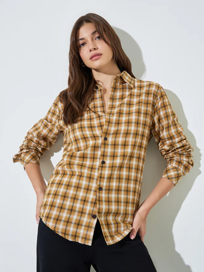 Styli Styli Mustard Plaid Longline Shirt