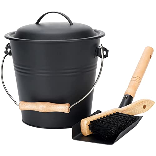 MYFIREPLACEDIRECT 1.5-Gallon Metal Ash Bucket with Lid, Shovel, Broom - For Fireplaces, Wood Stoves - Image 1
