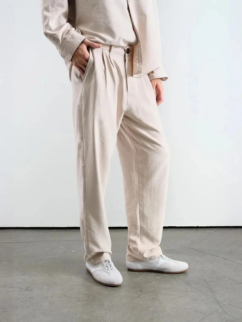 Giesto Beige Natural GIESTO Pleated Mid Waist Straight Leg Pants for Men | Best Price UAE