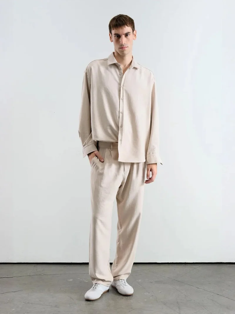 Giesto Beige Natural GIESTO Pleated Mid Waist Straight Leg Pants for Men | Best Price UAE