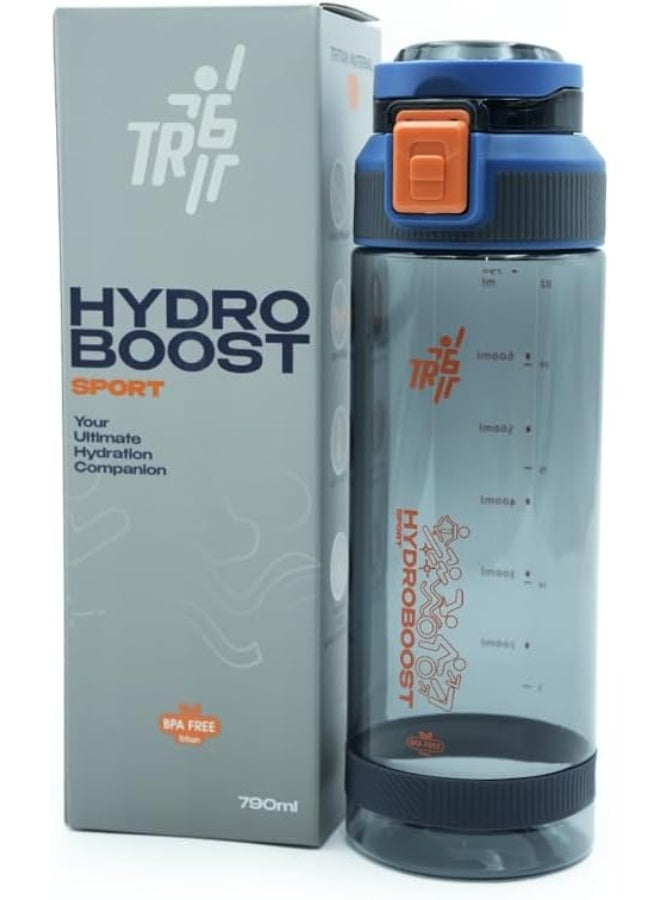 TR6 Hydra Boost Sport Clear Gym Bottle Leak Proof BPA Free Flip Lock Lid Carry Holder Lightweight for Gym Office Travel Hydration Tracker with Markings 790ml (Blue, 790 ml)