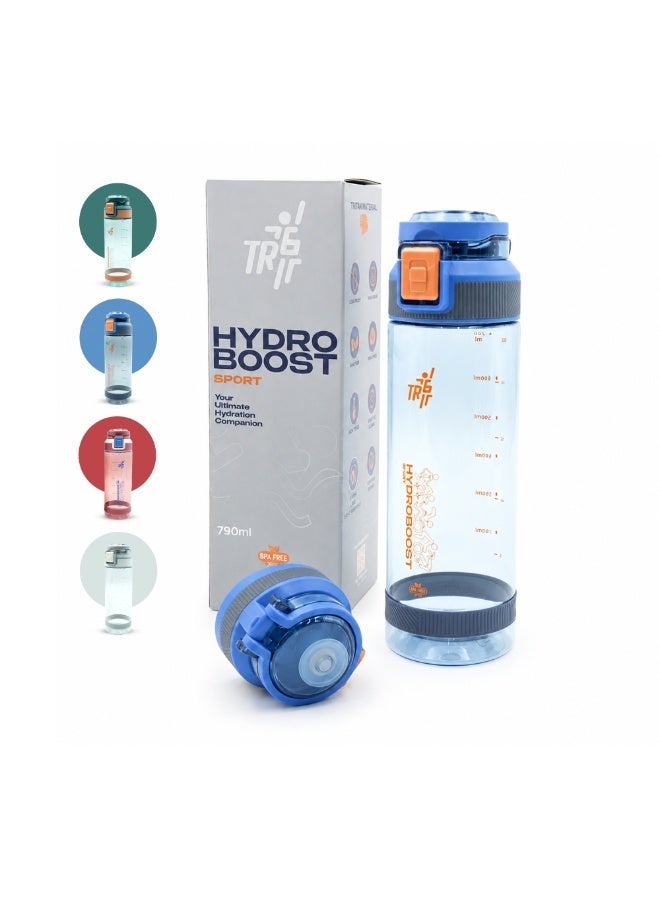TR6 زجاجة رياضية شفافة TR6 Hydra Boost Sport مقاومة للتسرب وخالية من مادة BPA مع غطاء قابل للطي وحامل حمل خفيف الوزن للصالة الرياضية والمكتب والسفر ومتتبع الترطيب مع علامات 790 مل (أزرق، 790 مل) - Image 1