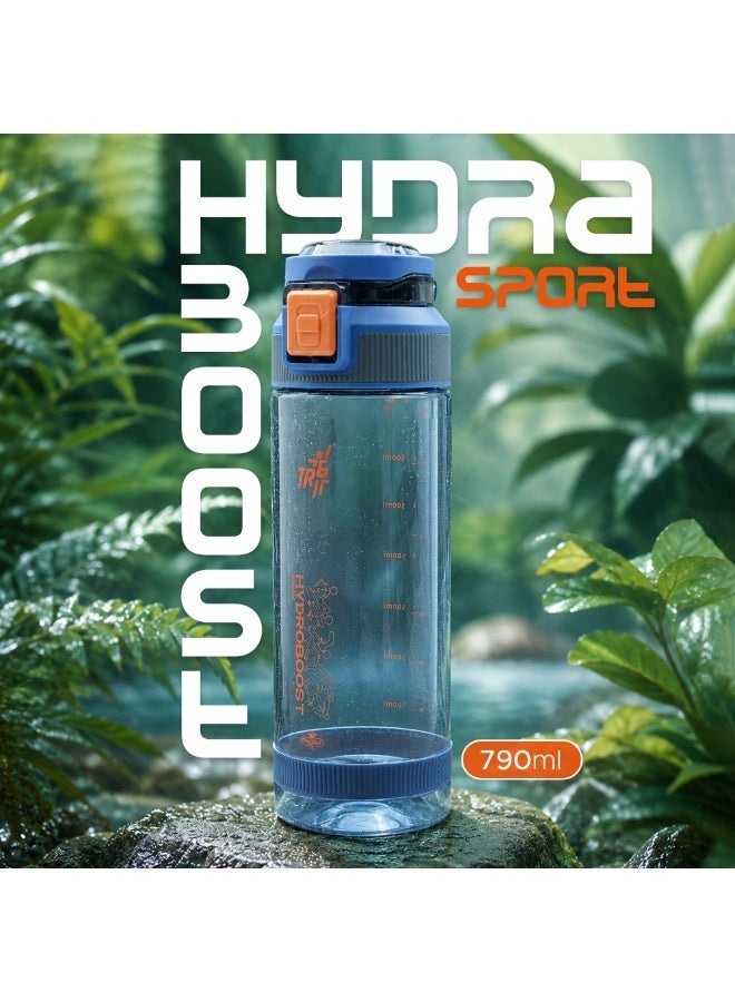 TR6 زجاجة رياضية شفافة TR6 Hydra Boost Sport مقاومة للتسرب وخالية من مادة BPA مع غطاء قابل للطي وحامل حمل خفيف الوزن للصالة الرياضية والمكتب والسفر ومتتبع الترطيب مع علامات 790 مل (أزرق، 790 مل) - Image 5
