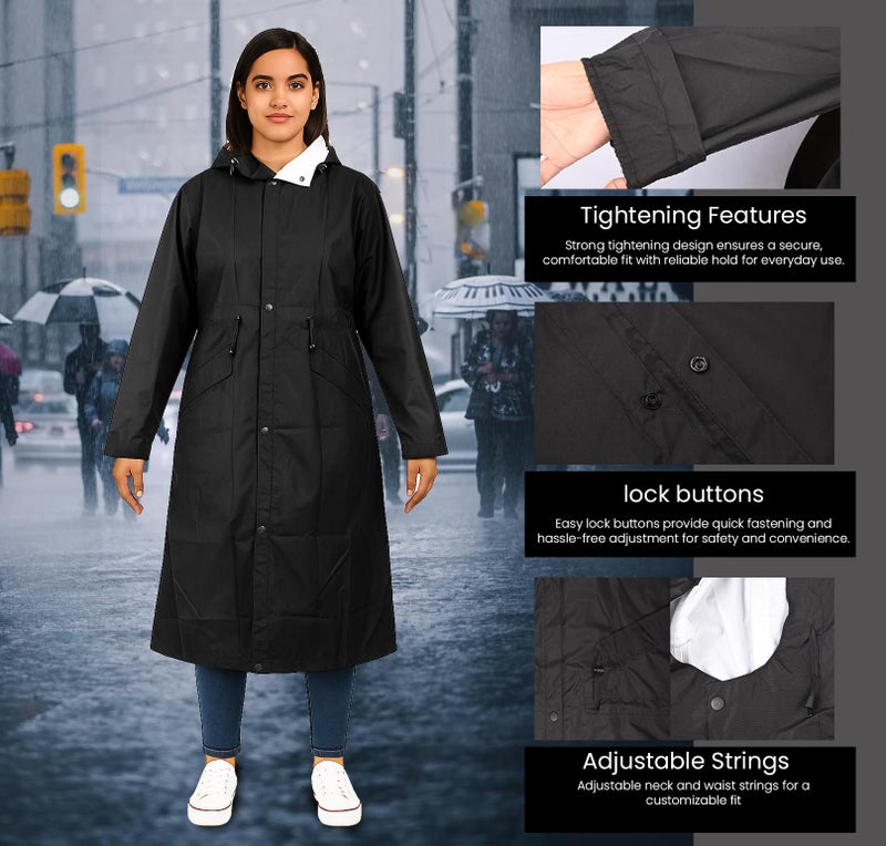 HACER Unisex Raincoat with Adjustable Hood Full Sleeves Long Length Lightweight Water Resistant Outdoor Rainwear for Women and Men (2XL, Black) - Image 2