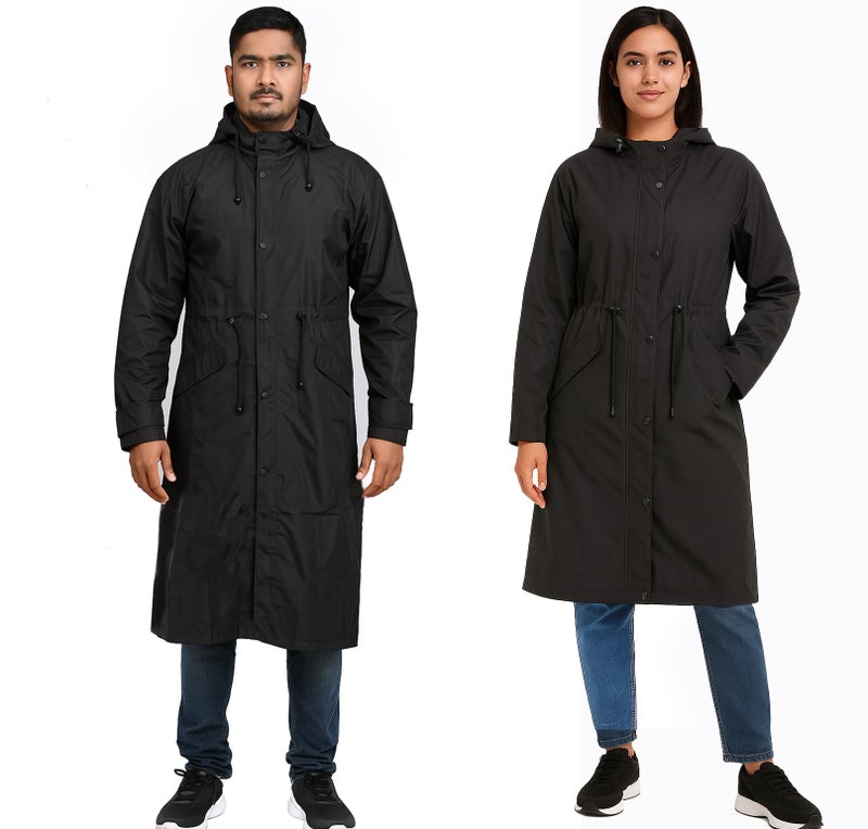HACER Unisex Raincoat with Adjustable Hood Full Sleeves Long Length Lightweight Water Resistant Outdoor Rainwear for Women and Men (2XL, Black) - Image 1
