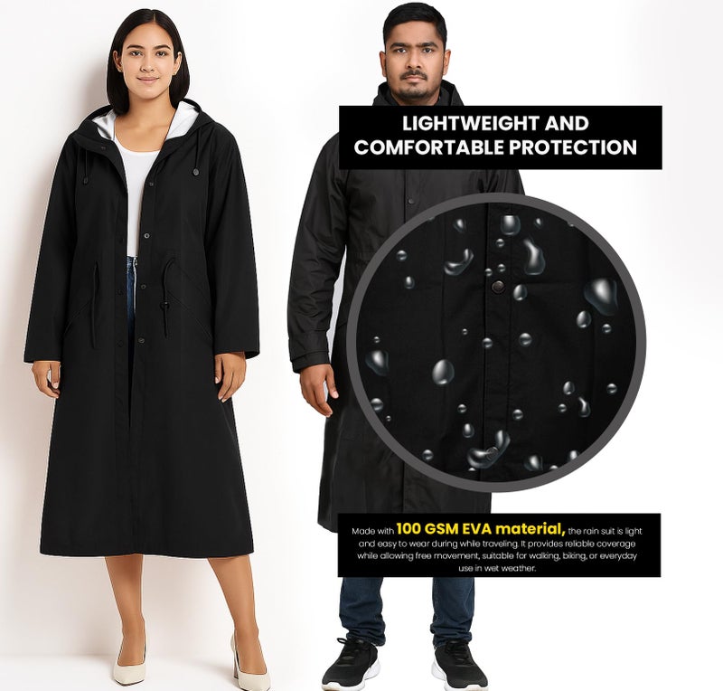 HACER Unisex Raincoat with Adjustable Hood Full Sleeves Long Length Lightweight Water Resistant Outdoor Rainwear for Women and Men (2XL, Black) - Image 3