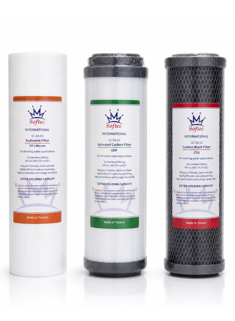 softec 3-Stage Water Filter Replacement Cartridge Set, 10 Inch Universal RO Water Filter Replacement, PP Sediment Filter 1 Micron, UDF Activated Carbon Filter, CTO Carbon Block Filter, Under Sink Drinking Water Purifier Filters - Image 1