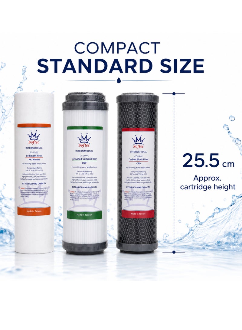 softec 3-Stage Water Filter Replacement Cartridge Set, 10 Inch Universal RO Water Filter Replacement, PP Sediment Filter 1 Micron, UDF Activated Carbon Filter, CTO Carbon Block Filter, Under Sink Drinking Water Purifier Filters - Image 2