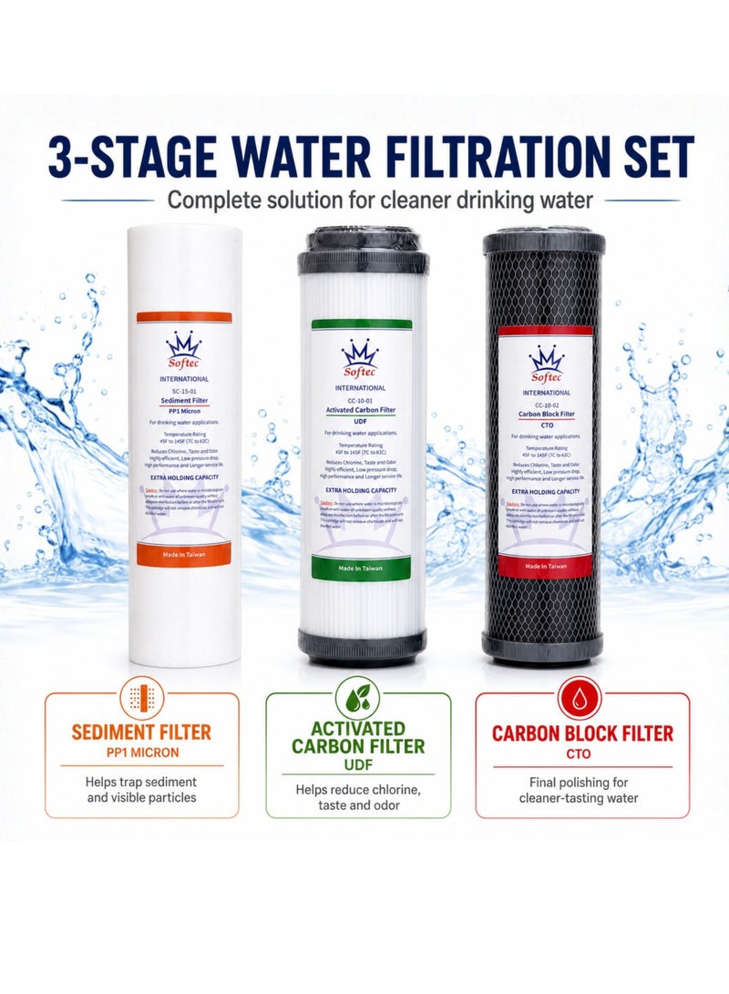 softec 3-Stage Water Filter Replacement Cartridge Set, 10 Inch Universal RO Water Filter Replacement, PP Sediment Filter 1 Micron, UDF Activated Carbon Filter, CTO Carbon Block Filter, Under Sink Drinking Water Purifier Filters - Image 3