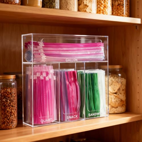 SEANADO Acrylic Zip Bag Storage Organizer, Bamboo Baggie Organizer Dispenser for Kitchen Drawer and Wall Mount，Compatible with Gallon, Quart, Sandwich & Snack Variety Size Bag(Clear) - Image 4