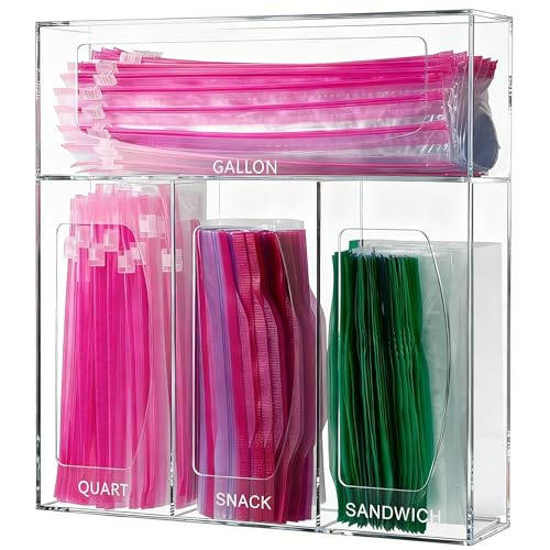 SEANADO Acrylic Zip Bag Storage Organizer, Bamboo Baggie Organizer Dispenser for Kitchen Drawer and Wall Mount，Compatible with Gallon, Quart, Sandwich & Snack Variety Size Bag(Clear) - Image 1