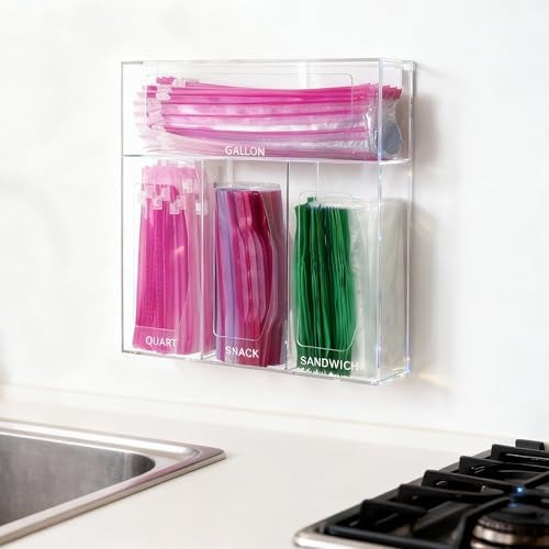 SEANADO Acrylic Zip Bag Storage Organizer, Bamboo Baggie Organizer Dispenser for Kitchen Drawer and Wall Mount，Compatible with Gallon, Quart, Sandwich & Snack Variety Size Bag(Clear) - Image 3