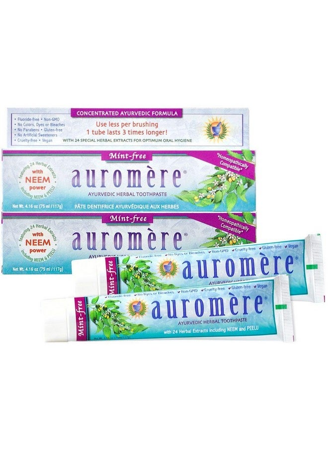 Auromere - Auromere Ayurvedic Herbal Toothpaste, Mint Free - Vegan, Natural, Non GMO, Fluoride Free, Gluten Free, with Neem & Peelu (4.16 oz), 2 Pack - Image 1